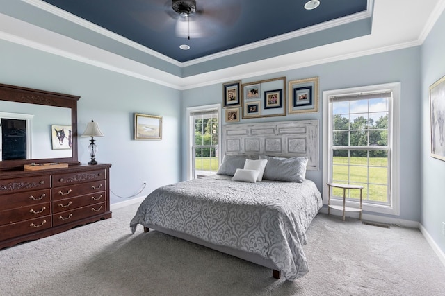 carpeted bedroom with a raised ceiling, multiple windows, and ceiling fan