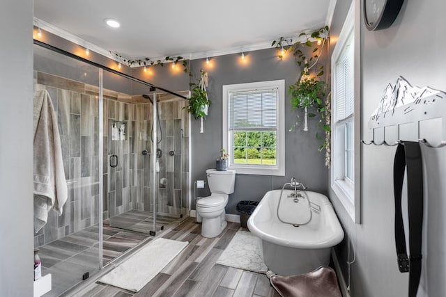 bathroom featuring separate shower and tub and toilet