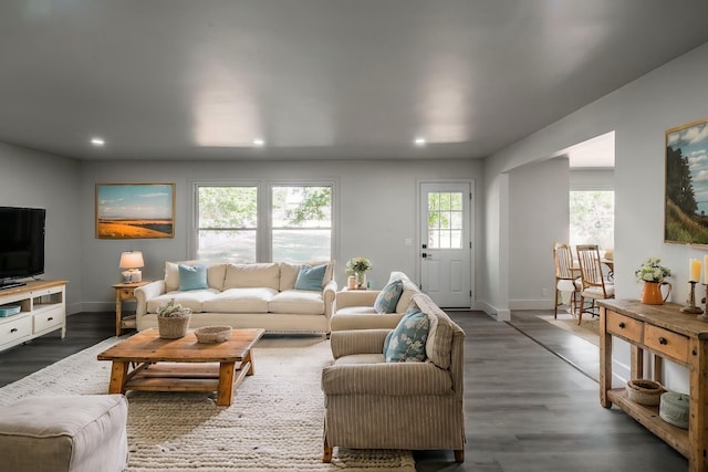 living room with a wealth of natural light and dark wood-type flooring