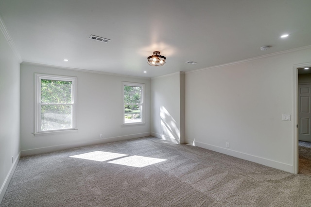 spare room featuring light carpet, plenty of natural light, and ornamental molding