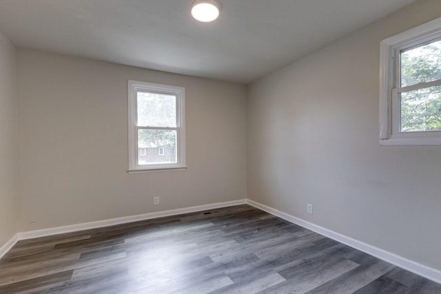 unfurnished room featuring a wealth of natural light and dark wood-type flooring