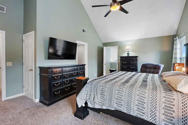 carpeted bedroom featuring ceiling fan and high vaulted ceiling