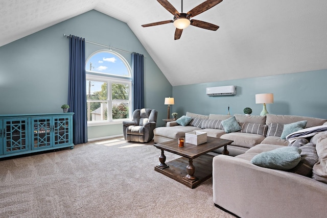 living room with carpet, a textured ceiling, vaulted ceiling, ceiling fan, and an AC wall unit