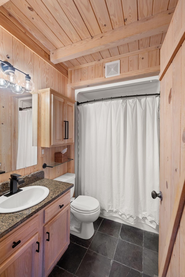 bathroom with vanity, wood walls, wooden ceiling, toilet, and beam ceiling