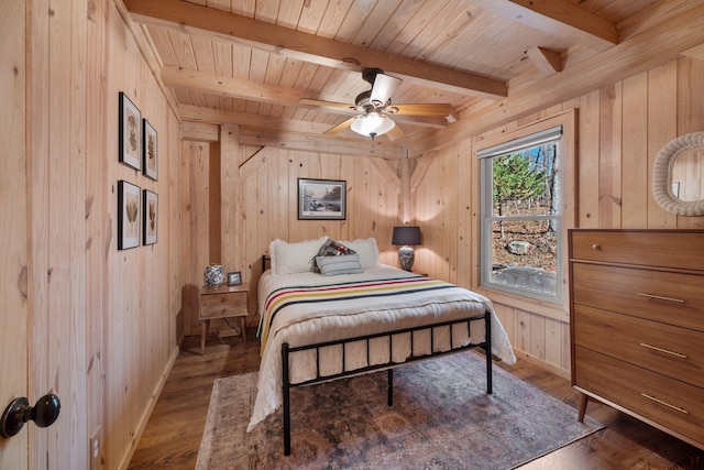 bedroom with beam ceiling, ceiling fan, wooden ceiling, wood walls, and hardwood / wood-style flooring