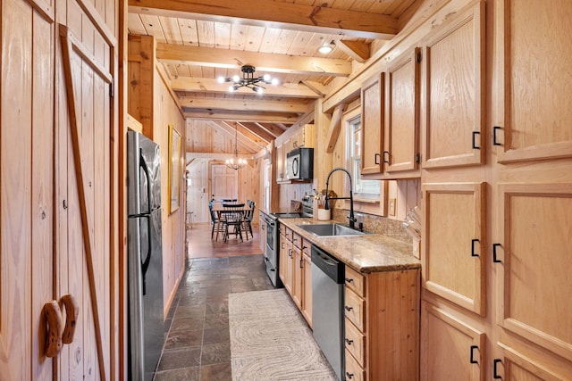 kitchen featuring appliances with stainless steel finishes, wood ceiling, wooden walls, sink, and an inviting chandelier