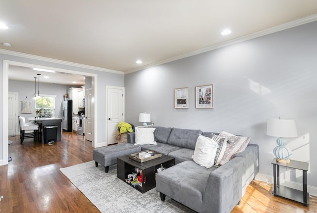 living room featuring sink, wood-type flooring, and ornamental molding