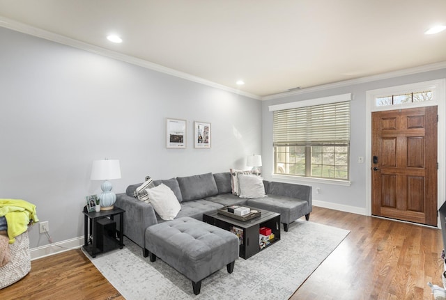 living room featuring wood-type flooring and ornamental molding