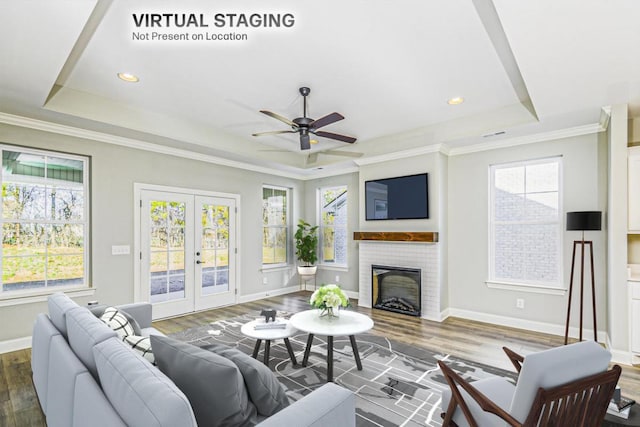 living room featuring dark hardwood / wood-style flooring, a raised ceiling, a fireplace, and french doors