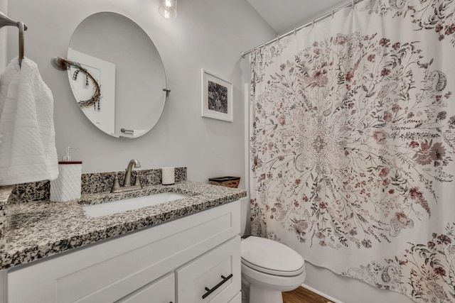 full bathroom with shower / bath combo with shower curtain, vanity, wood-type flooring, and toilet