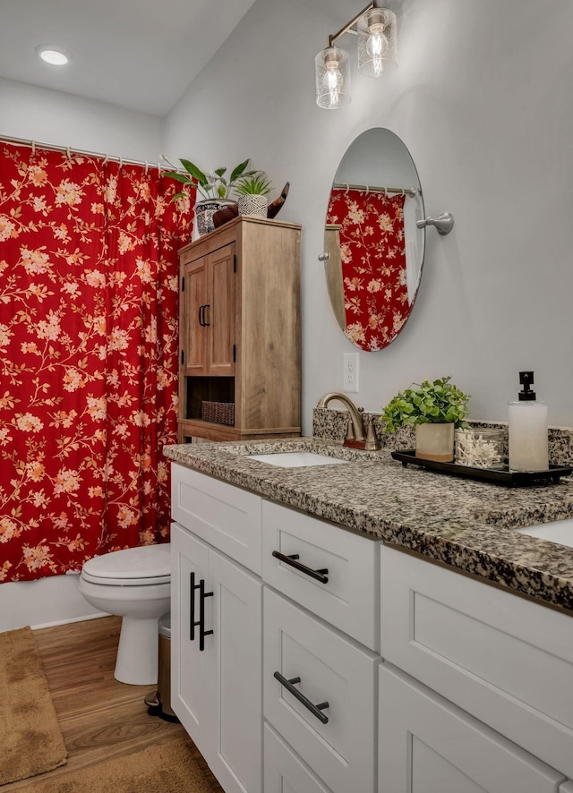 bathroom with hardwood / wood-style floors, vanity, and toilet