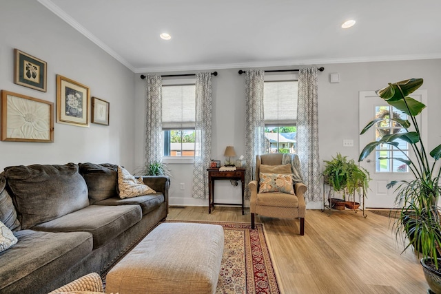 living room featuring light hardwood / wood-style floors, ornamental molding, and a wealth of natural light