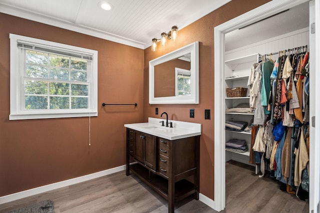 bathroom with hardwood / wood-style flooring and vanity