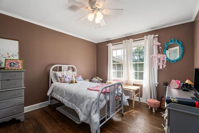 bedroom featuring ceiling fan, ornamental molding, and dark wood-type flooring