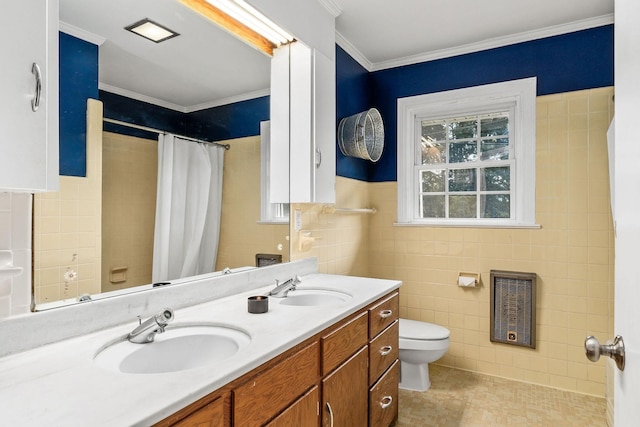 bathroom featuring vanity, toilet, tile walls, curtained shower, and heating unit