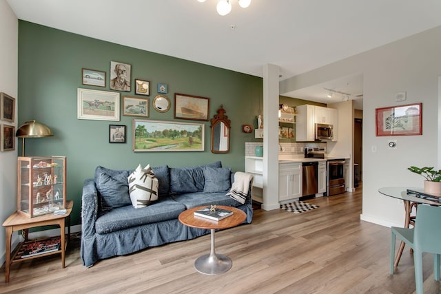 living room with light wood-type flooring and track lighting