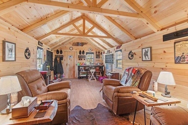 living room with hardwood / wood-style flooring, vaulted ceiling with beams, wooden ceiling, and wooden walls