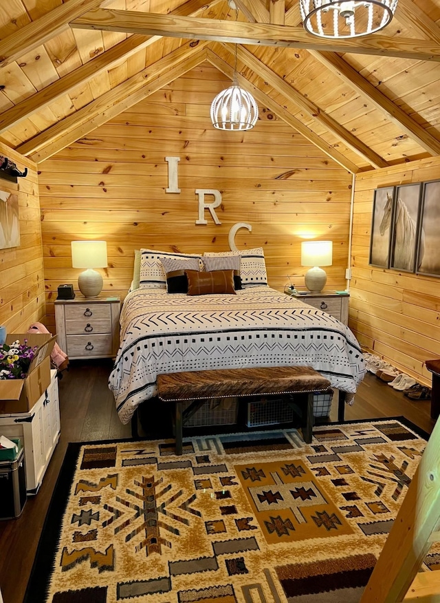 bedroom featuring lofted ceiling with beams, dark wood-type flooring, wood walls, and wood ceiling