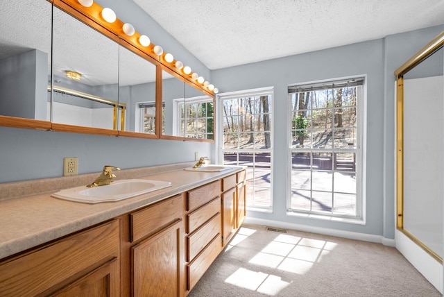 bathroom with a textured ceiling, visible vents, and a sink