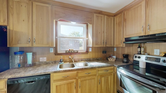 kitchen featuring exhaust hood, sink, stainless steel electric range oven, black dishwasher, and light brown cabinetry