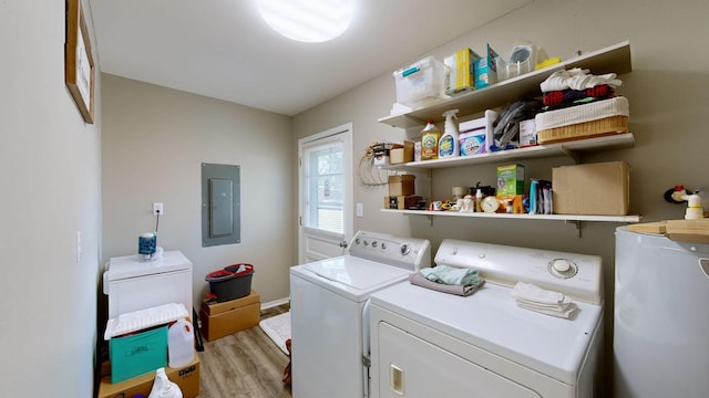 laundry area with washing machine and clothes dryer, light wood-type flooring, electric panel, and water heater