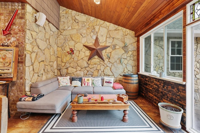 living room with wood ceiling and vaulted ceiling