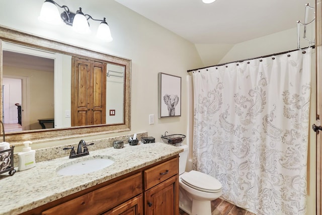 bathroom featuring vanity, lofted ceiling, a shower with shower curtain, toilet, and wood-type flooring