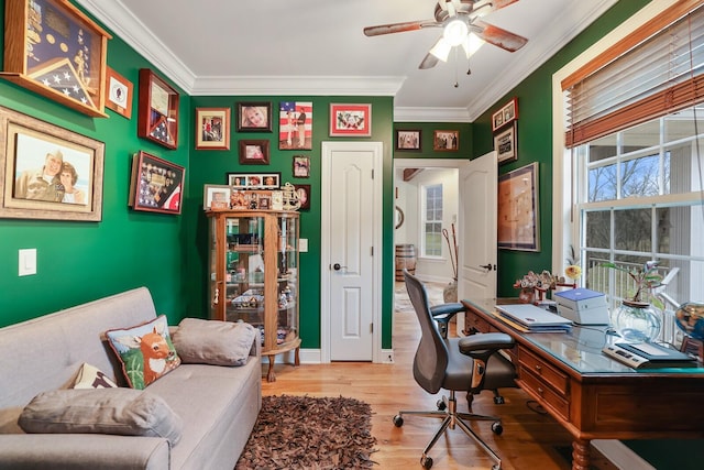 office area with ceiling fan, hardwood / wood-style floors, and ornamental molding