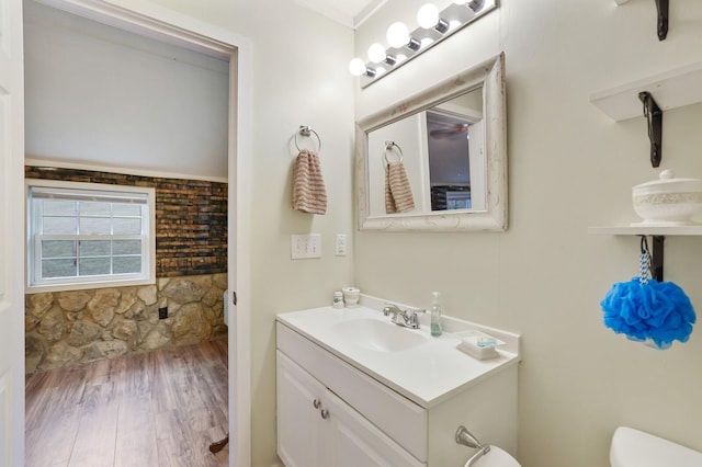 bathroom featuring wood-type flooring, vanity, and toilet