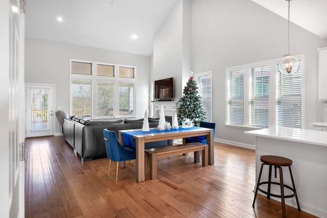 living room featuring a wealth of natural light, hardwood / wood-style floors, and high vaulted ceiling