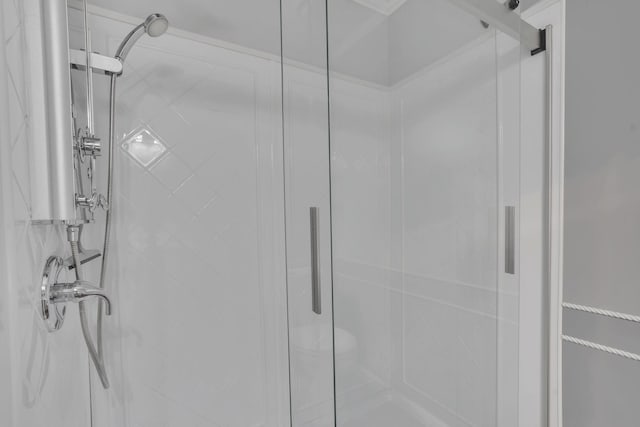 interior details with a shower with door