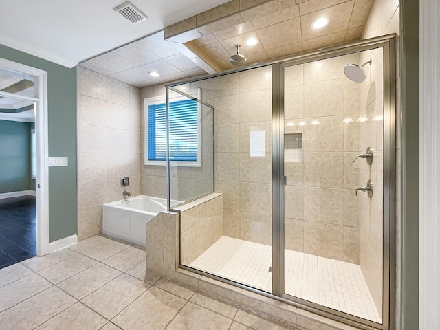 bathroom featuring tile patterned floors, independent shower and bath, and crown molding