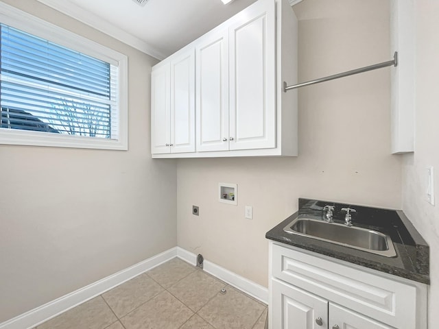 laundry room featuring sink, washer hookup, hookup for an electric dryer, light tile patterned floors, and ornamental molding