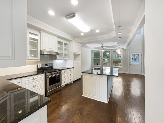 kitchen featuring glass insert cabinets, a sink, gas range, under cabinet range hood, and ornamental molding