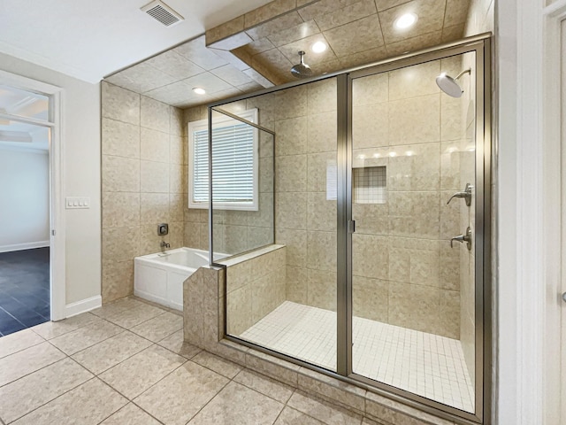 full bath with a stall shower, a bath, visible vents, tile patterned flooring, and recessed lighting