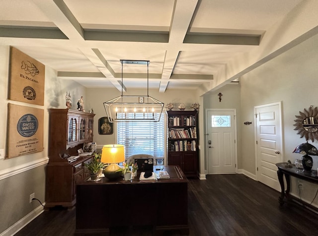 office area featuring beamed ceiling, dark hardwood / wood-style flooring, and coffered ceiling