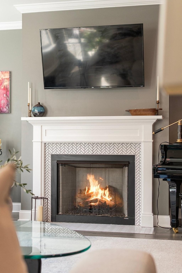 details featuring ornamental molding and a fireplace