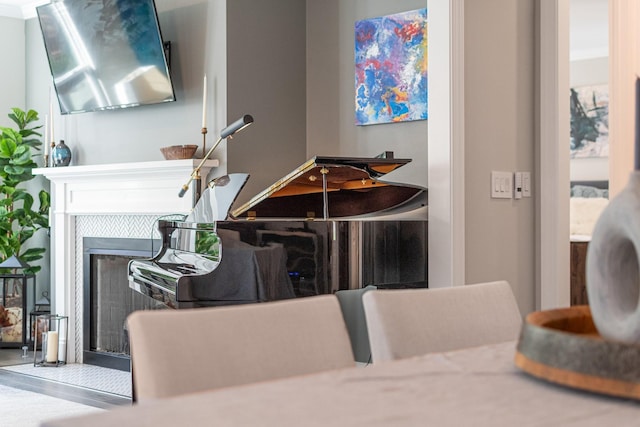 interior space featuring a tile fireplace