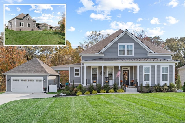 view of front of home with an outbuilding, a porch, a front yard, a standing seam roof, and a garage