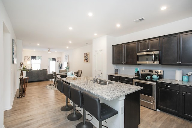 kitchen featuring appliances with stainless steel finishes, ceiling fan, a kitchen island with sink, and sink