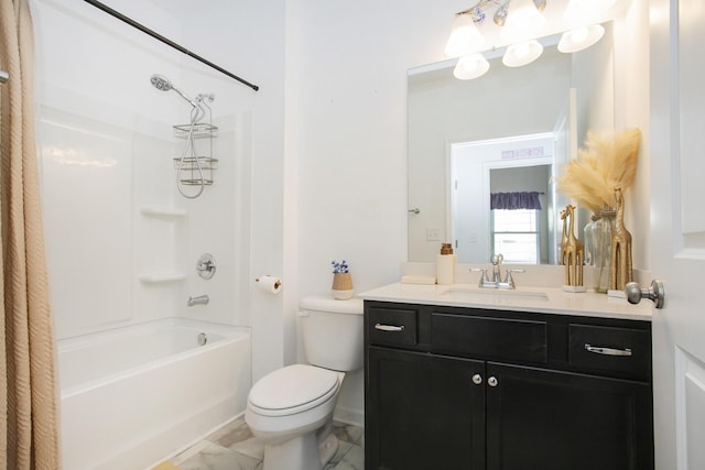 full bathroom featuring shower / bath combo with shower curtain, vanity, and toilet