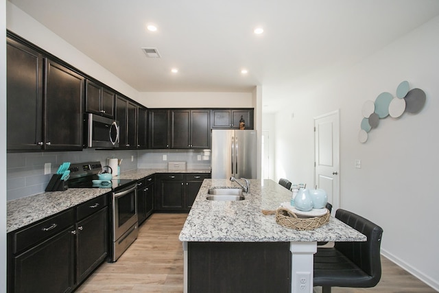 kitchen featuring sink, stainless steel appliances, tasteful backsplash, a breakfast bar area, and a kitchen island with sink