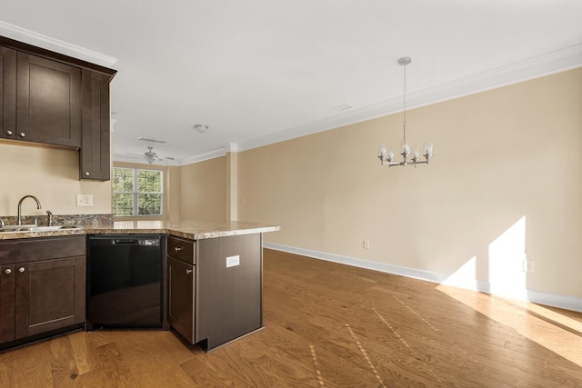 kitchen with dark brown cabinets, ceiling fan with notable chandelier, crown molding, sink, and dishwasher