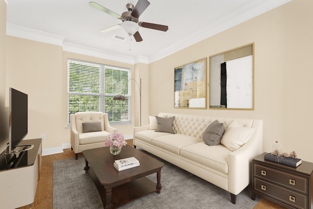 living room with ceiling fan, wood-type flooring, and ornamental molding