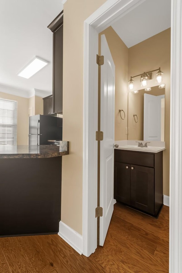 interior space featuring sink and dark wood-type flooring