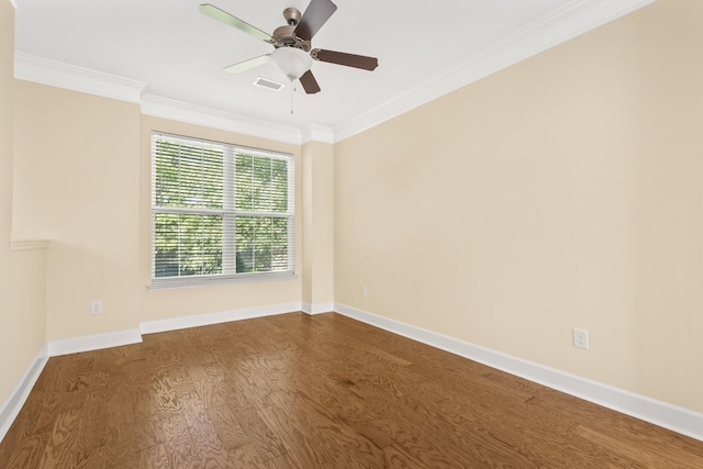 unfurnished room featuring crown molding, hardwood / wood-style floors, and ceiling fan