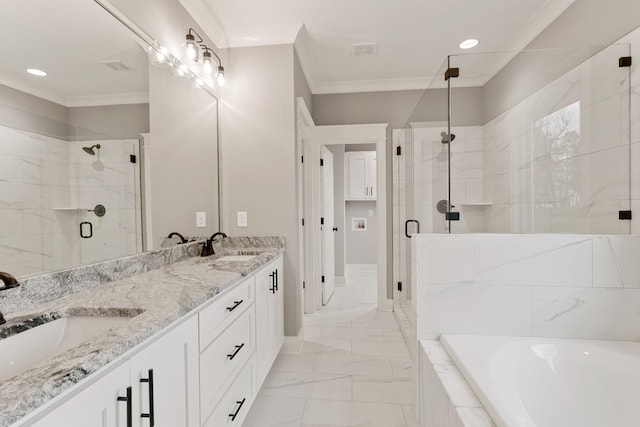 bathroom with vanity, ornamental molding, and plus walk in shower