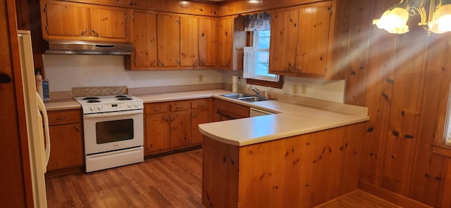 kitchen featuring sink, hanging light fixtures, exhaust hood, white stove, and light wood-type flooring