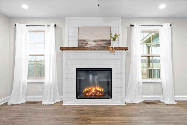 details featuring hardwood / wood-style flooring and a large fireplace