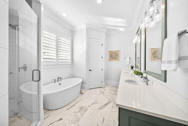 bathroom featuring vanity, crown molding, and plus walk in shower